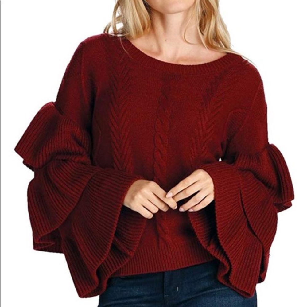 Elam Ruffled Sleeve Burgundy Sweater - Picture 5 of 5